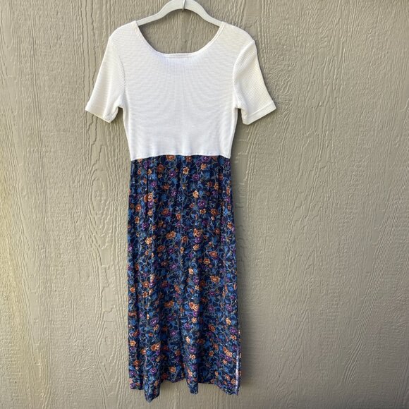 Vtg 90's Studio Ease Maxi Dress Sz 6 Floral Navy  Ivory Waffle Prairie Cottage - Picture 2 of 8